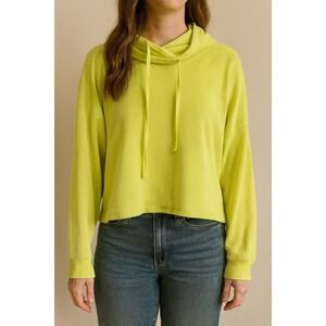 Mono B Medium Neon Yellow Waffle Knit Cowl Neck Long Sleeve Cropped‎ Pullover